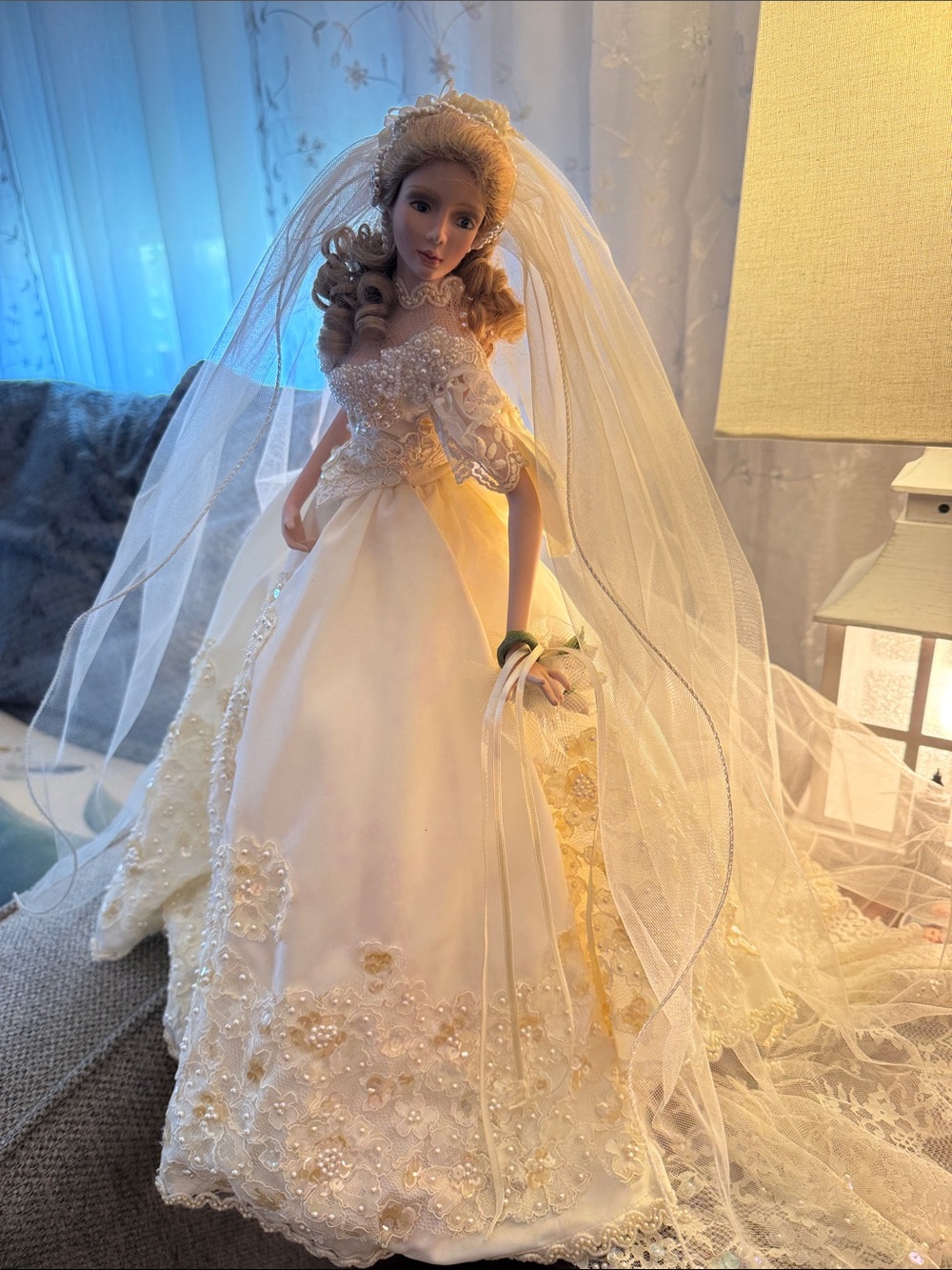 Elegant Ivory Bridal Porcelain Doll - Detailed Lace Wedding Gown
